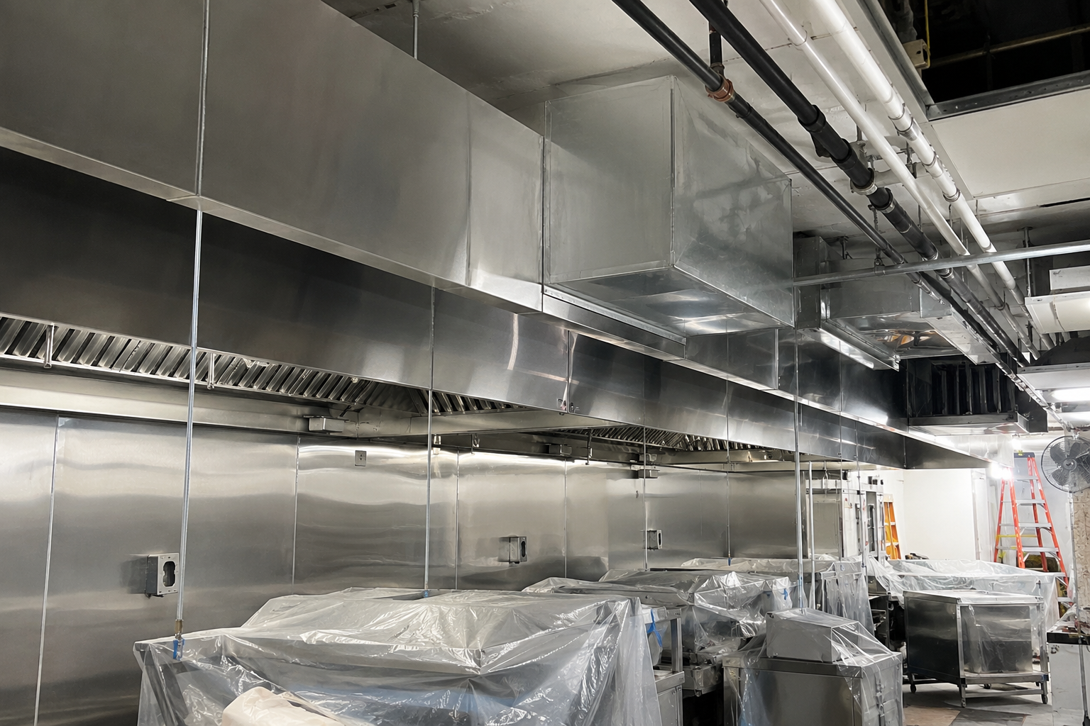 Grease duct routing and commercial kitchen exhaust fabrication