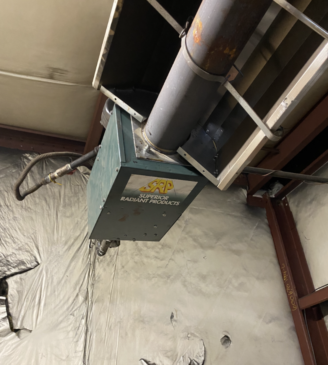 Superior Radiant Products tube heater mounted to an industrial ceiling