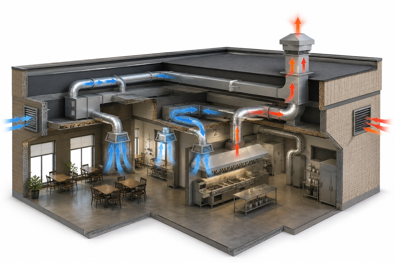 Industrial commercial ventilation layout and airflow design