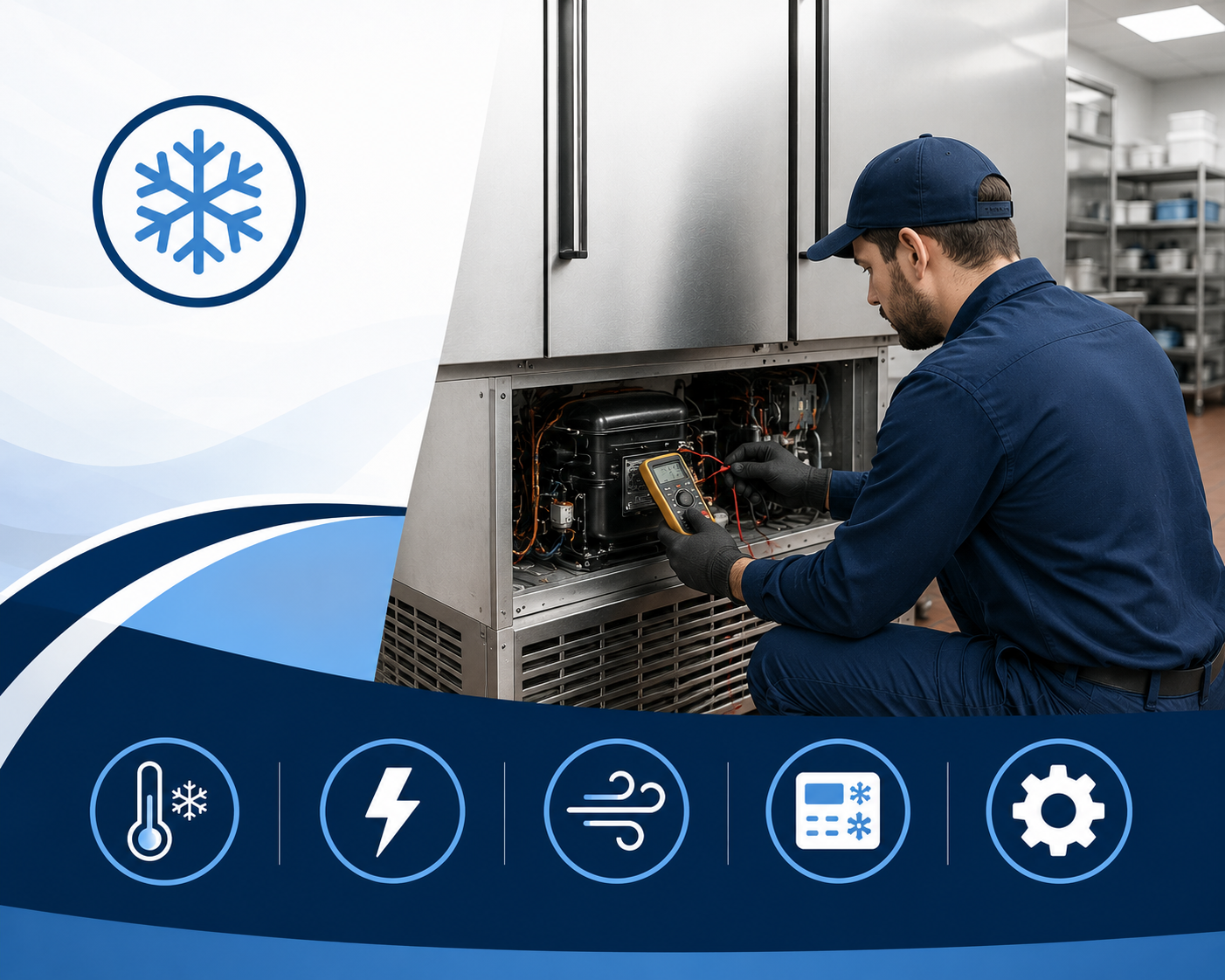 Technician installing and servicing commercial refrigeration equipment