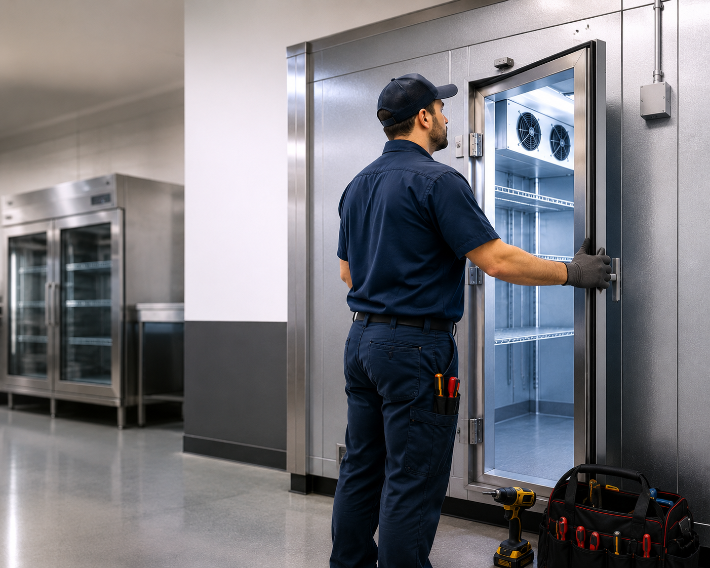 Technician diagnosing a commercial walk-in refrigeration system